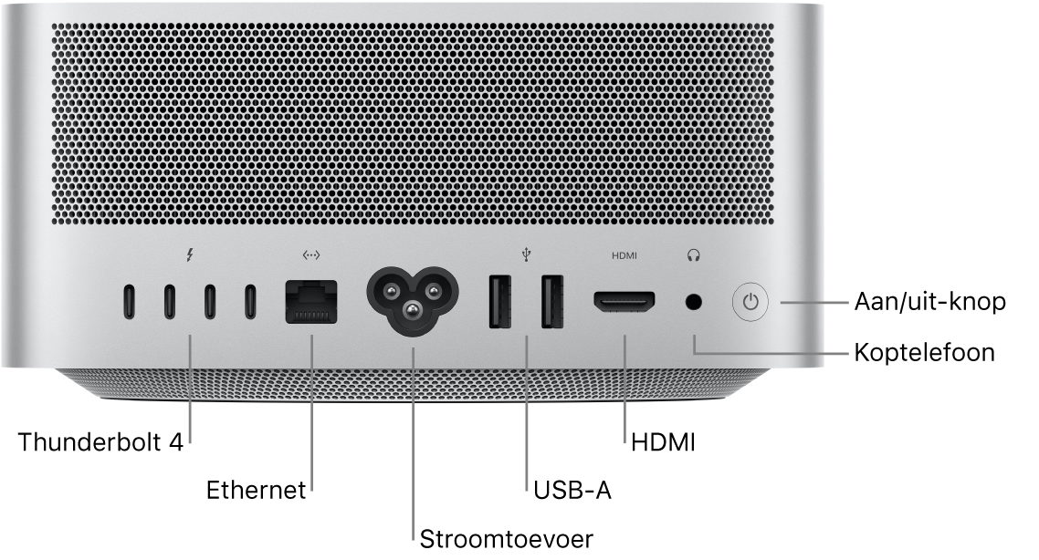 De achterkant van een Mac Studio met vier Thunderbolt 4-poorten (USB-C), een Gigabit ethernetpoort, een poort voor het netsnoer, twee USB-A-poorten, een HDMI-poort, een 3,5-mm koptelefoonaansluiting en de aan/uit-knop.