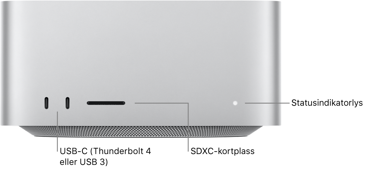 Forsiden av Mac Studio som viser to USB-C-porter, SDXC-kortplassen og statusindikatorlyset.