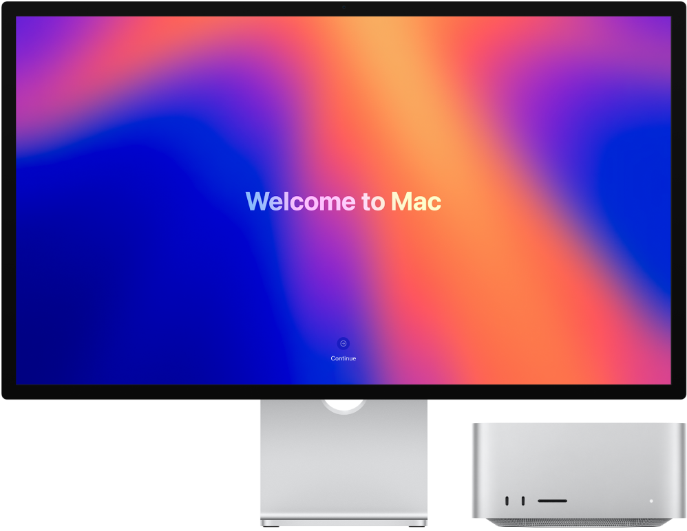 Studio Display oraz Mac Studio obok siebie z napisem „Welcome to Mac” na ekranie.