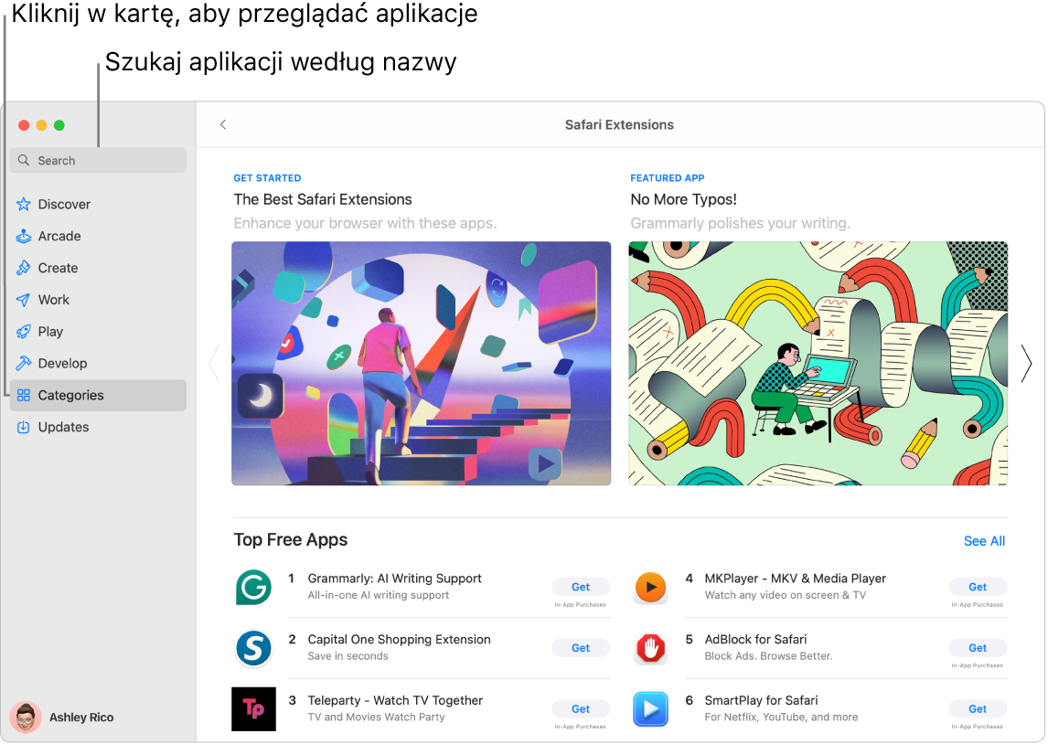 Okno App Store z polem wyszukiwania oraz stroną zawierającą rozszerzenia Safari.