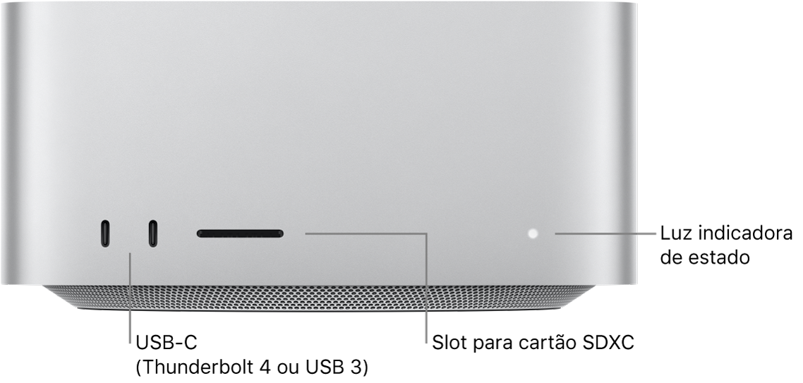 A frente do Mac Studio mostrando duas portas USB-C, o slot de cartão SDXC e a luz indicadora de estado.