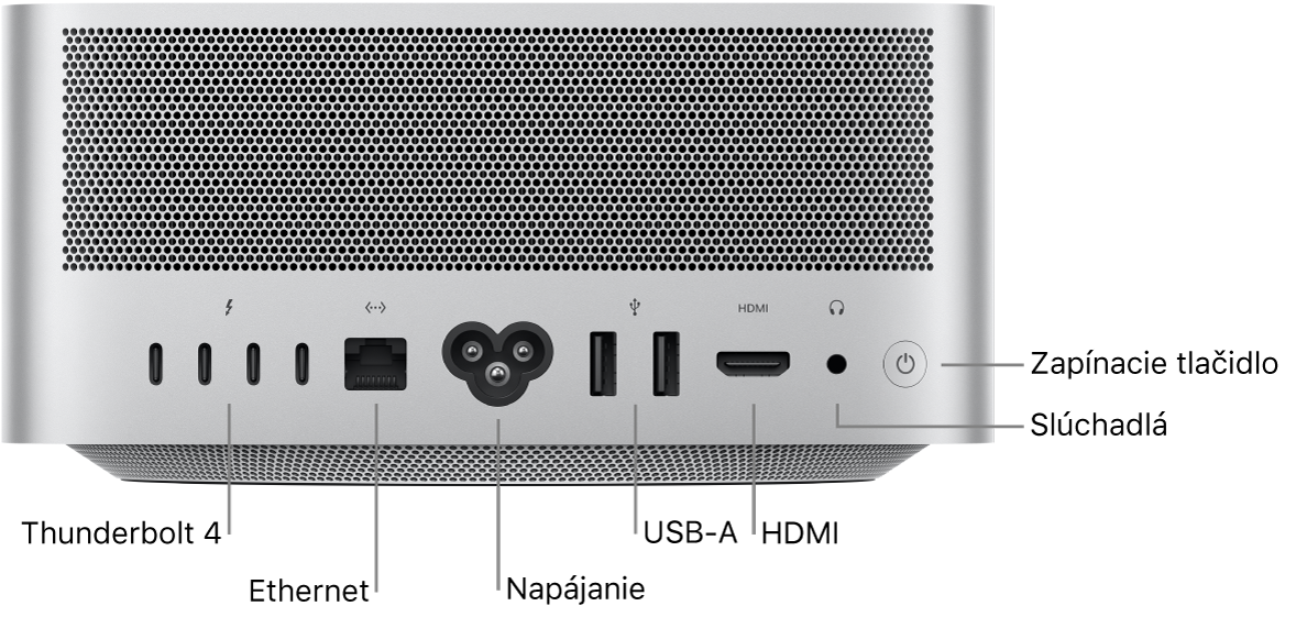 Zadná strana Mac Studia zobrazujúca štyri Thunderbolt 4 (USB-C) porty, Gigabit Ethernet port, napájací port, dva USB-A porty, HDMI port, 3.5 mm konektor slúchadiel a tlačidlo napájania.