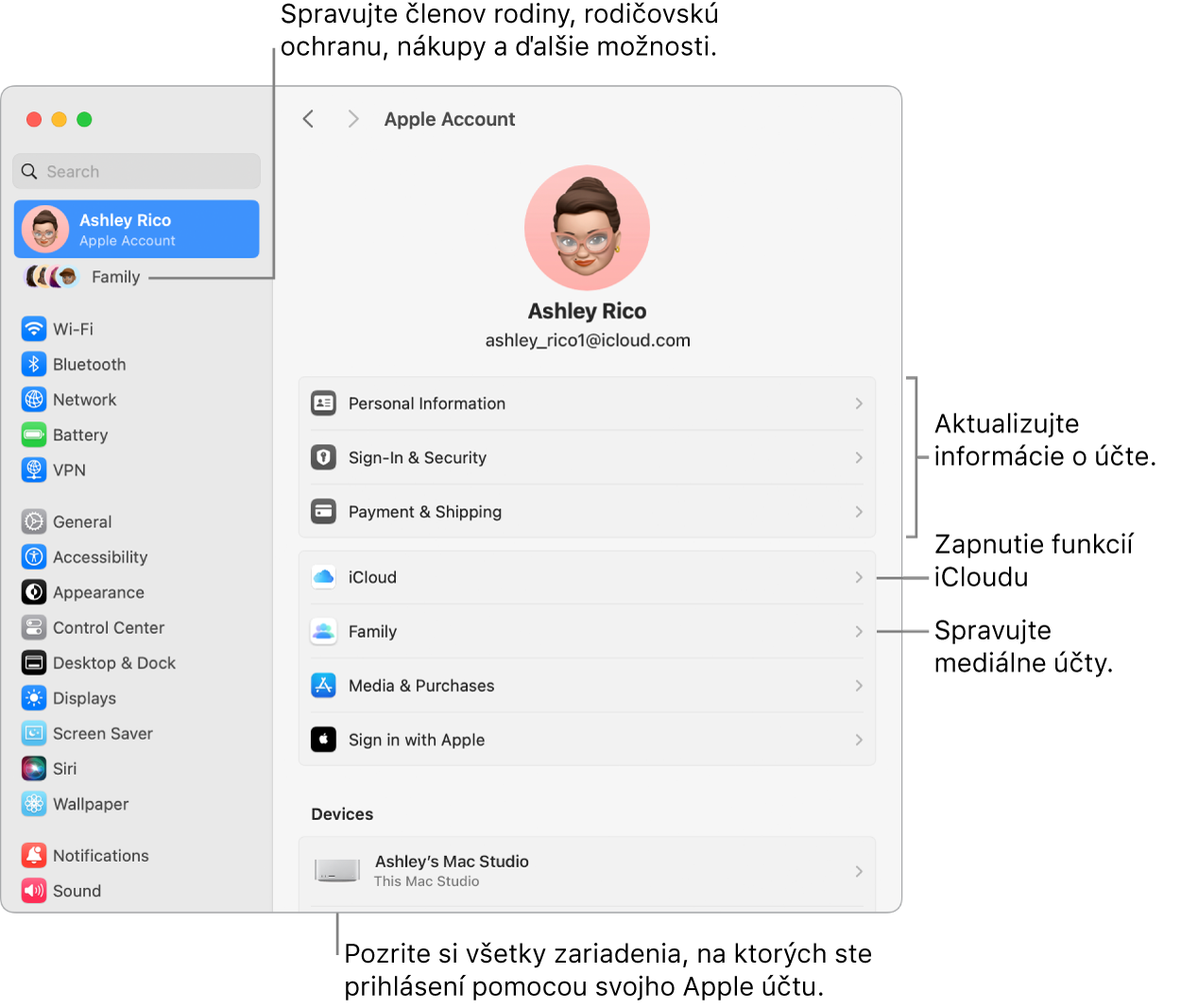 Nastavenia Apple účet v Systémových nastaveniach s popismi na aktualizáciu informácií o účte, zapnutie alebo vypnutie funkcií iCloudu, správu mediálnych účtov a položku Rodina, kde môžete spravovať členov rodiny, rodičovskú ochranu, nákupy a ďalšie možnosti..