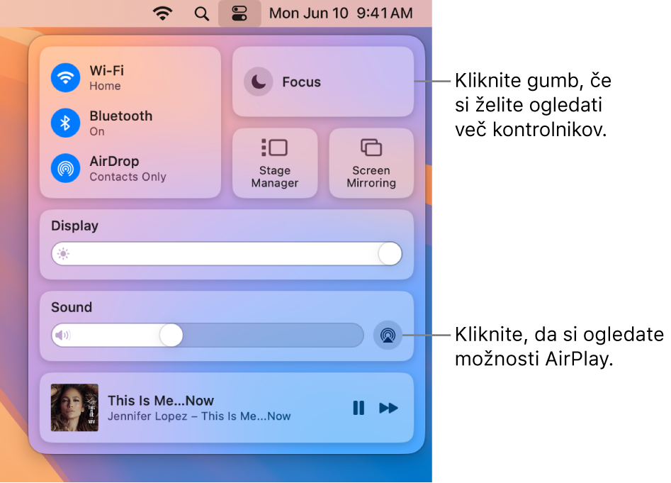 Približan pogled središča Control Center v računalniku Mac.