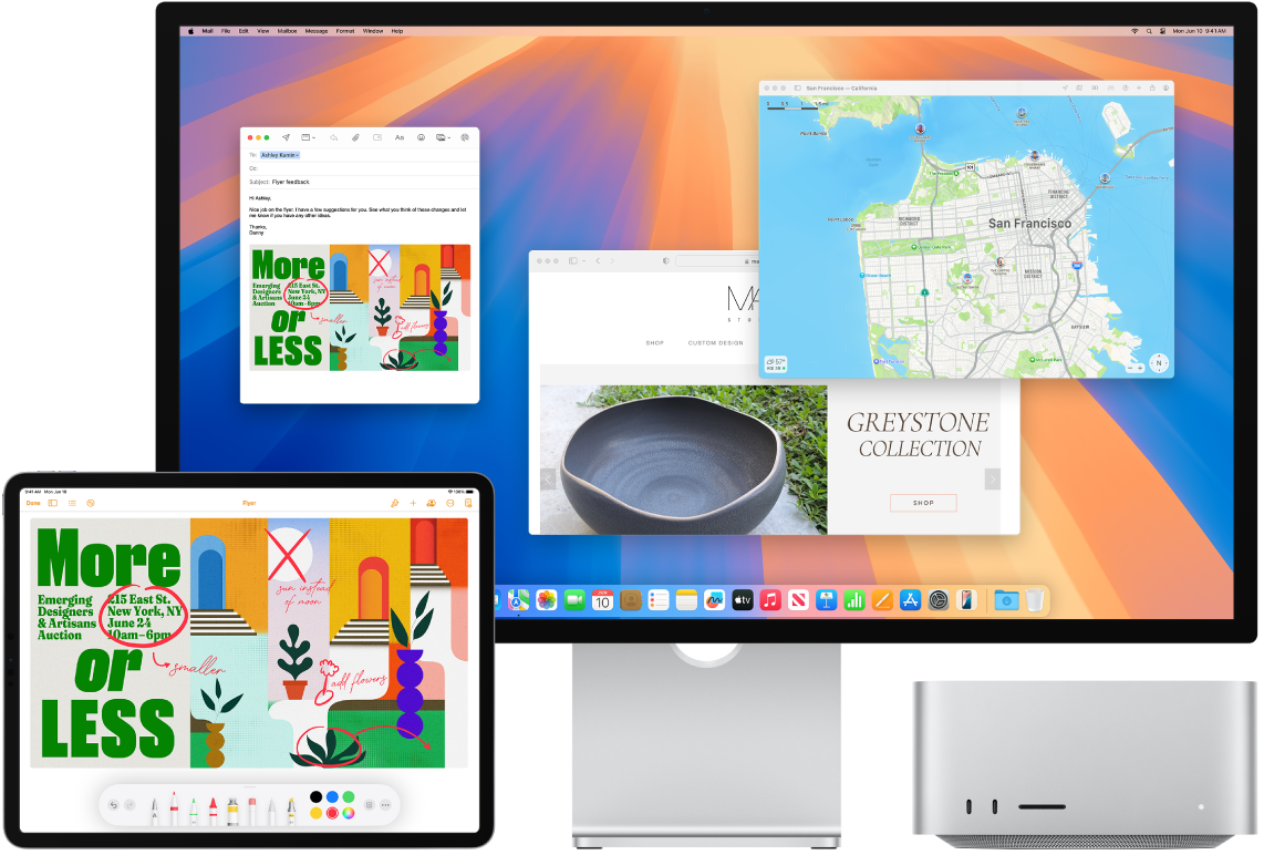 Mac Studio ve iPad yan yana. iPad ekranı, açıklamalara sahip bir el ilanını gösteriyor. Mac Studio ekranında, ilişik olarak iPad’den açıklama eklenmiş bir el ilanına sahip bir Mail iletisi var.