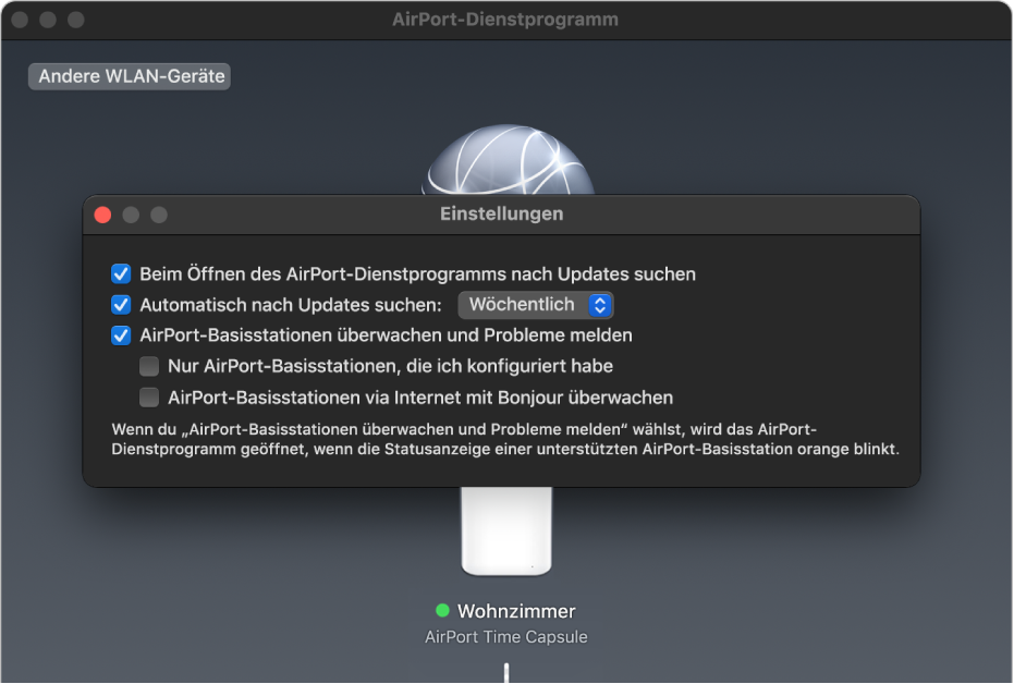 Der Bereich „Einstellungen“ des AirPort-Dienstprogramms mit den Markierungsfeldern „Beim Öffnen des AirPort-Dienstprogramms nach Updates suchen“, „Automatisch nach Updates suchen“ und „AirPort-Basisstationen überwachen und Probleme melden“.