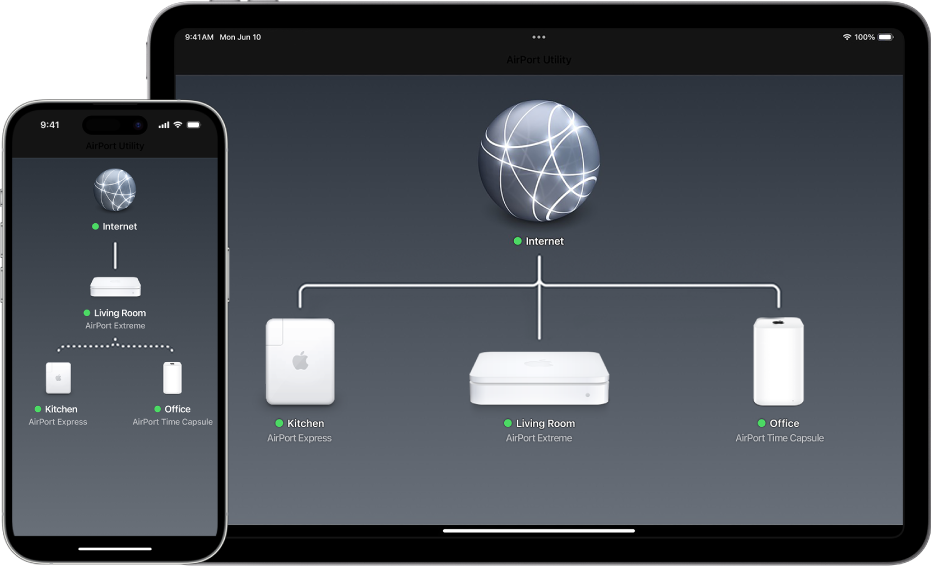 The graphical overview in AirPort Utility on iPhone and iPad.