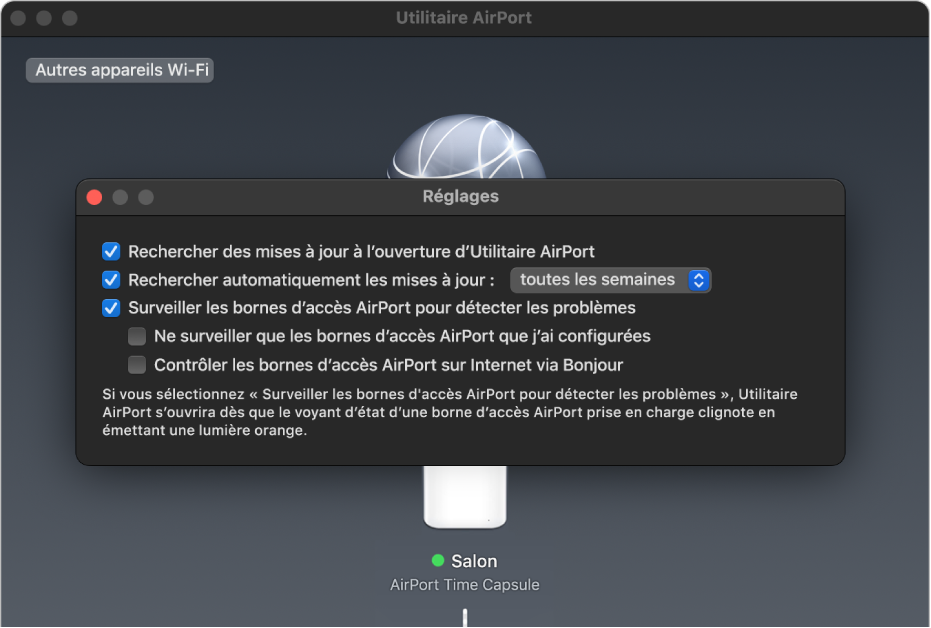 Réglages Utilitaire AirPort, affichant les cases « Rechercher des mises à jour à l’ouverture d’Utilitaire AirPort », « Rechercher automatiquement les mises à jour » et « Surveiller les bornes d’accès AirPort pour détecter les problèmes ».