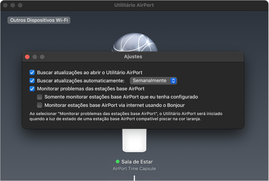 Ajustes do Utilitário AirPort, mostrando as caixas de seleção “Buscar atualizações ao abrir o Utilitário AirPort”, “Buscar atualizações automaticamente” e “Monitorar problemas das estações base AirPort”.