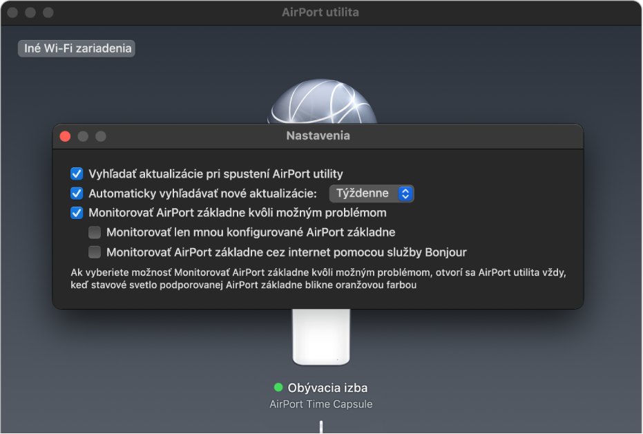 Nastavenia AirPort utility so zaškrtávacími políčkami Vyhľadať aktualizácie pri spustení AirPort utility, Automaticky vyhľadávať nové aktualizácie a Monitorovať základne AirPort kvôli možným problémom.