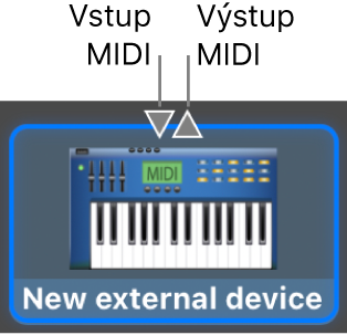 Vstupní a výstupní MIDI konektory nad ikonou nového externího zařízení.