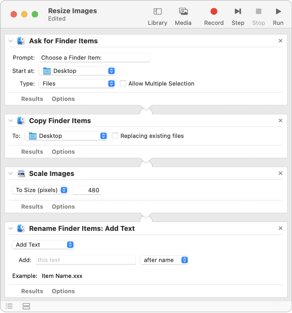 Flux de treball de l’Automator amb quatre accions.