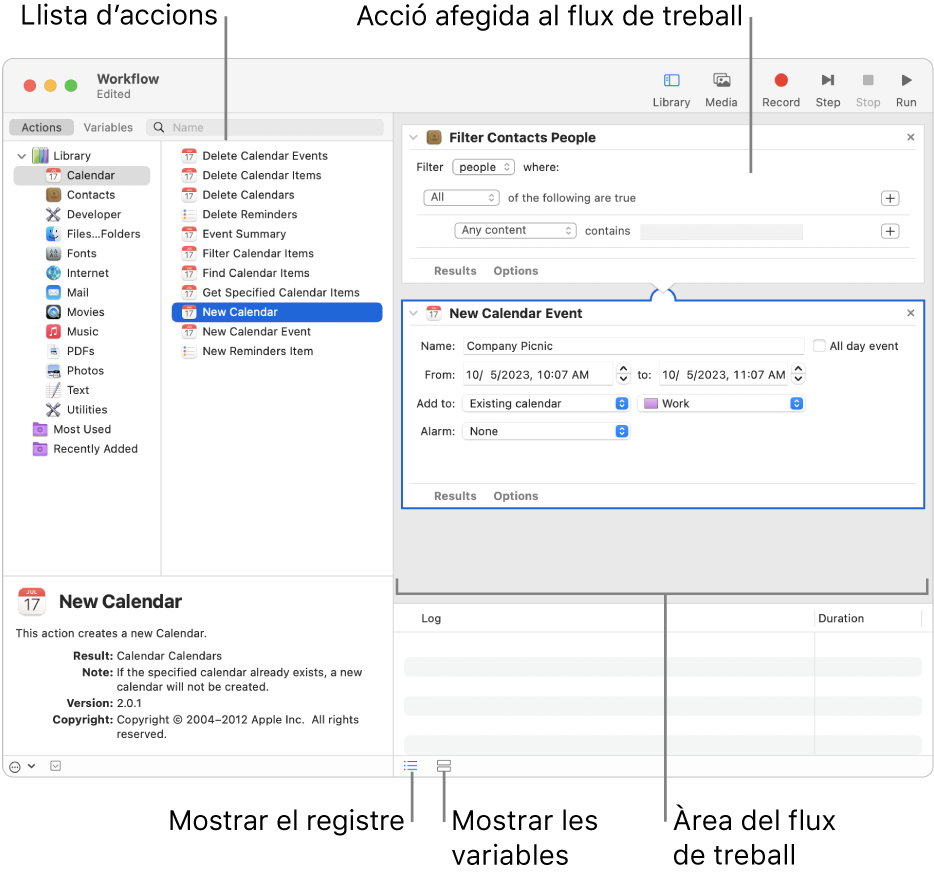 Finestra de l’Automator. La biblioteca apareix a l’extrem esquerre i conté una llista d’apps per a les quals l’Automator proporciona accions. L’app Calendari està seleccionada a la llista i les accions disponibles a l’app Calendar es mostren a la columna de la dreta. A la part dreta de la finestra hi ha un flux de treball que té afegida una acció de l’app Calendari.