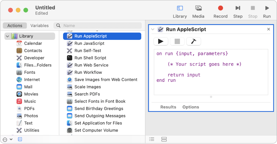 Okno Automatoru s akcí Spustit AppleScript