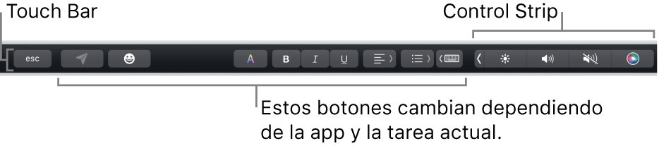 Touch Bar en la parte superior del teclado, mostrando la Control Strip contraída a la derecha y botones que varían según la app o tarea.