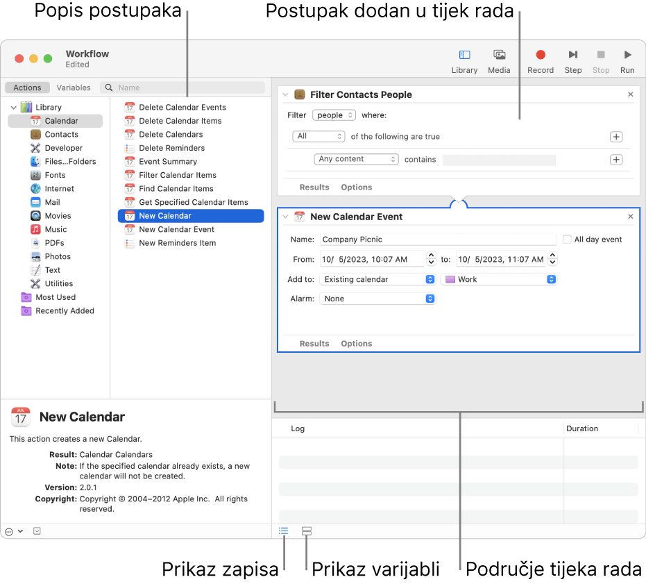 Prozor aplikacije Automator. Medijateka se prikazuje krajnje lijevo, i sadrži popis aplikacija za koje Automator pruža postupke. Aplikacija Kalendar odabrana je u popisu, a postupci dostupni u Kalendaru nalaze se u stupcu s desne strane. S desne strane prozora nalazi se tijek rada kojemu je dodan postupak iz Kalendara.