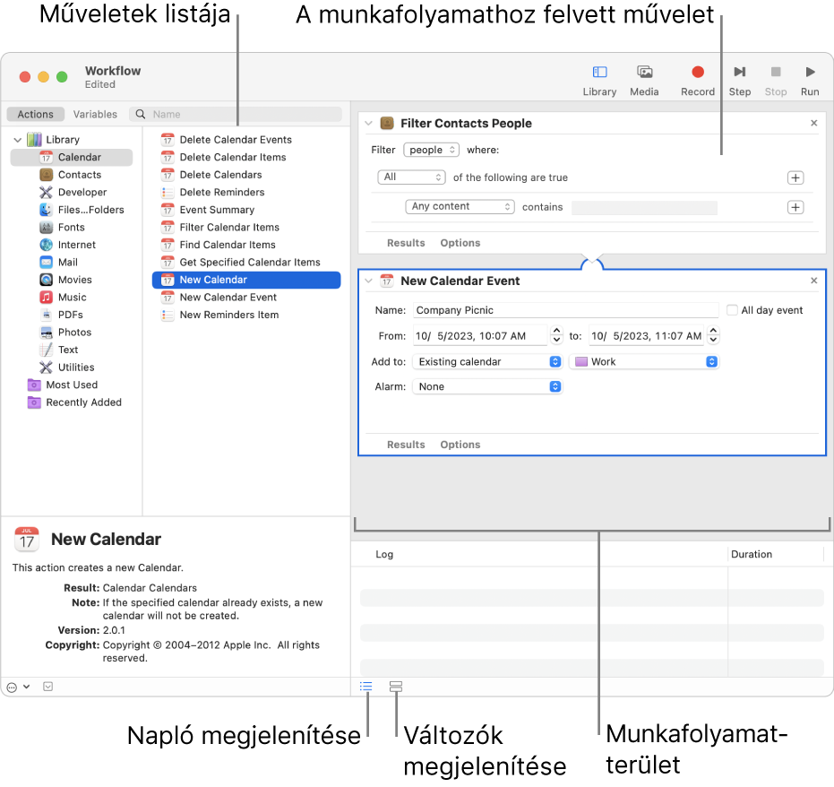 Az Automator ablaka. A könyvtár a bal szélen jelenik meg, és azon appok listáját tartalmazza, melyekhez az Automator műveleteket kínál. A listában ki van választva a Naptár app, és a Naptár apphoz elérhető műveletek a jobb oldali oszlopban láthatóak. Az ablak jobb oldalán egy munkafolyamat látható, melyhez hozzá van adva egy Naptár művelet.
