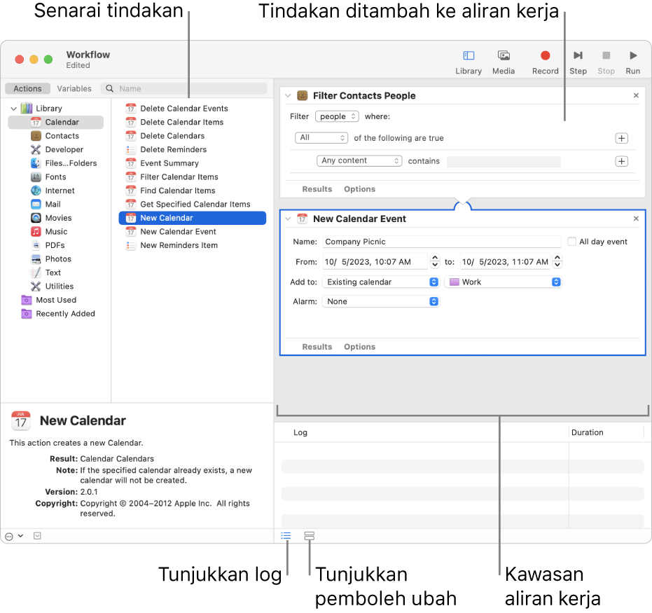 Tetingkap Automator. Pustaka muncul di hujung kiri dan mengandungi senarai app yang Automator bekalkan tindakan. App Kalendar dipilih di dalam senarai dan tindakan tersedia dalam Kalendar disenaraikan dalam lajur di sebelah kanan. Pada sebelah kanan tetingkap adalah aliran kerja yang mempunyai tindakan Kalendar ditambah padanya.