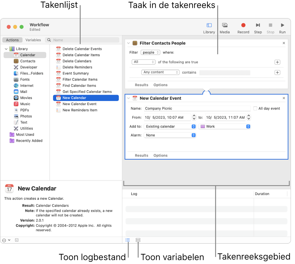 Het Automator-venster. In de bibliotheek uiterst links vind je de apps waarvoor Automator taken biedt. De app Agenda is geselecteerd in de lijst en de taken die in Agenda beschikbaar zijn, staan in de kolom aan de rechterkant. Rechts in het venster staat een takenreeks waaraan een Agenda-taak is toegevoegd.