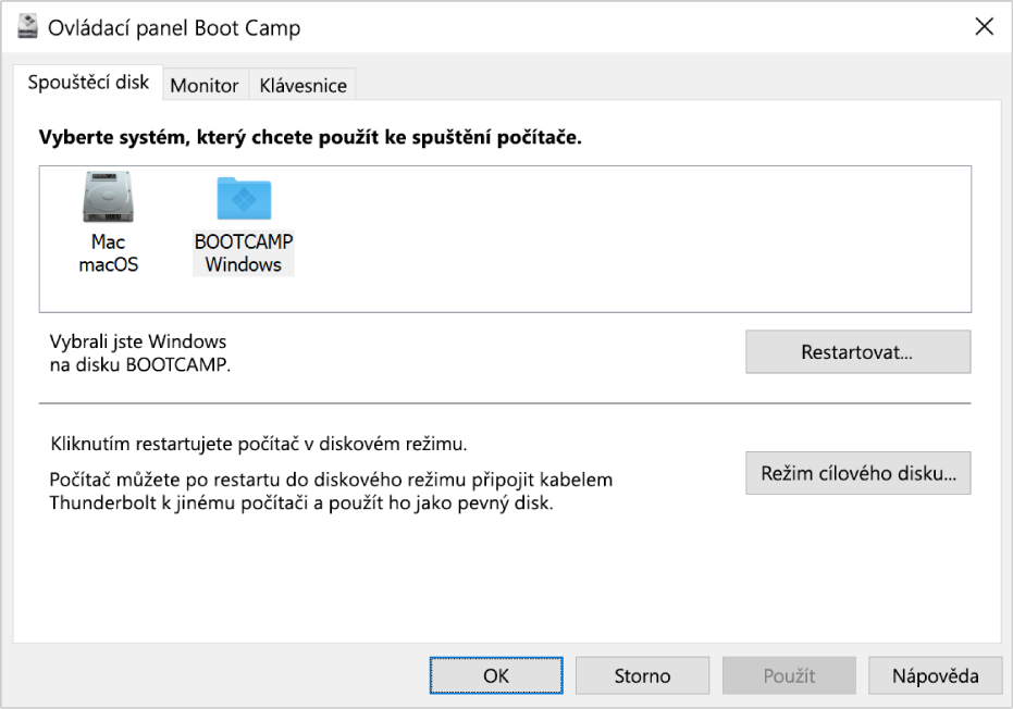 Ovládací panel Boot Camp se zobrazeným panelem výběru startovacího disku, který obsahuje i volby pro restart počítače a použití počítače v diskovém režimu