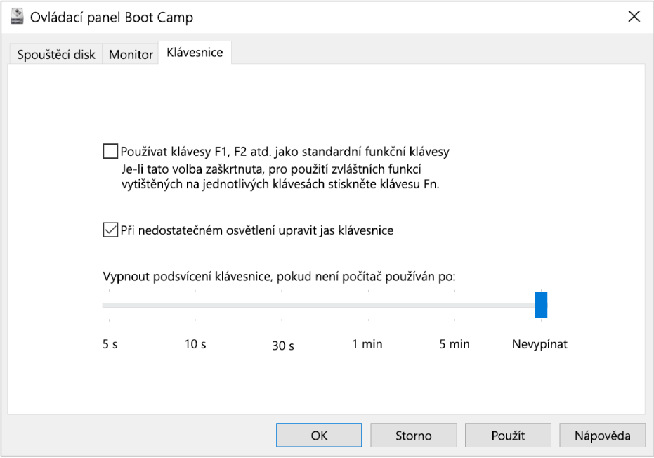 Ovládací panel Boot Camp s panelem voleb klávesnice, kde můžete nastavit jas klávesnice a způsob používání funkčních kláves.