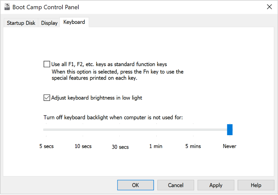 Boot Camp Control Panel showing the Keyboard options pane where you can choose settings for keyboard brightness and how the function keys operate.