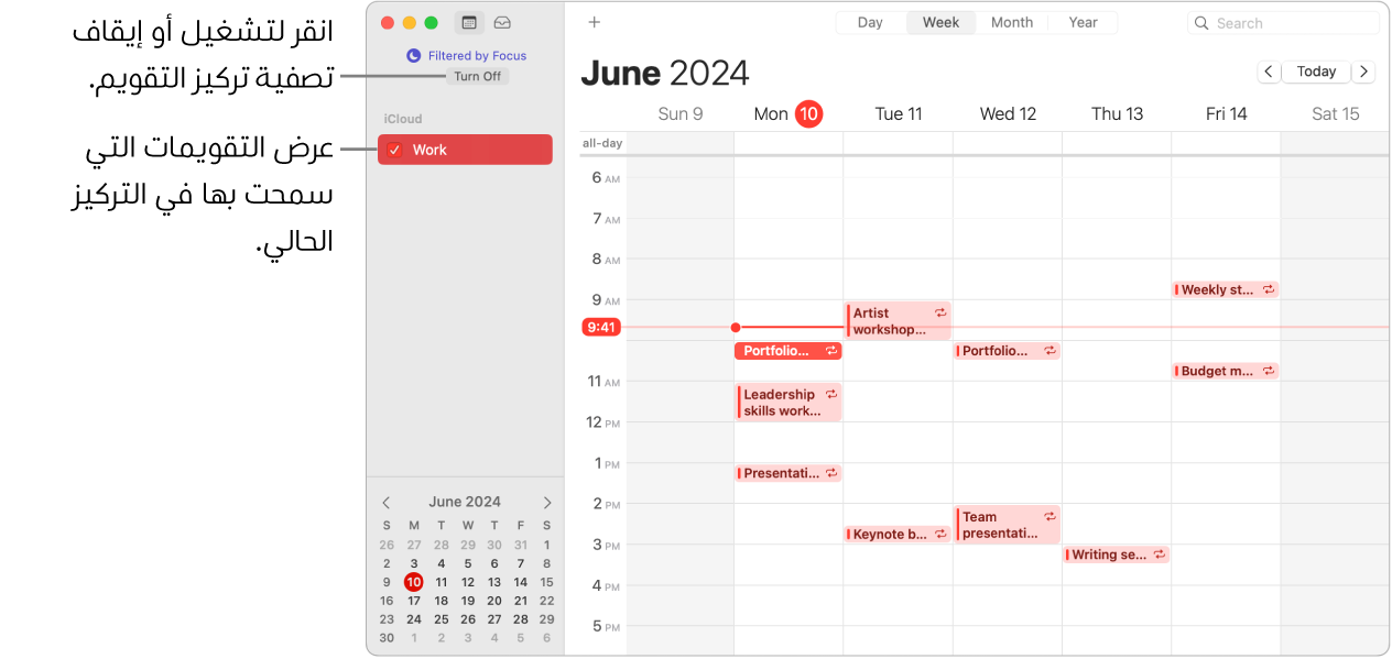 نافذة تقويم في عرض الأسبوع تعرض تقويم العمل فقط في الشريط الجانبي بعد أن تم تشغيل تركيز العمل.