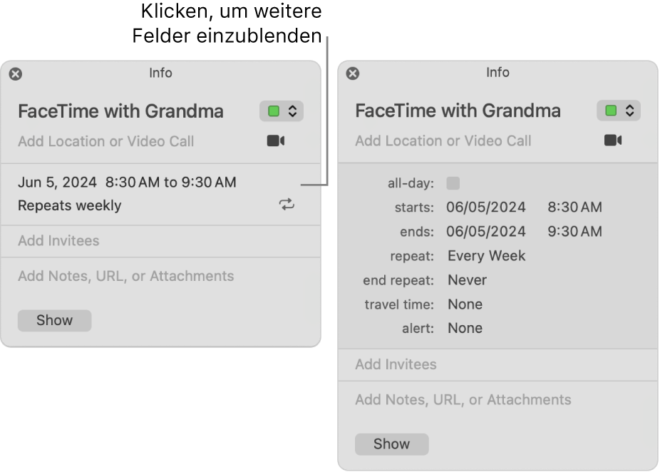 Das Bild links zeigt ein nicht erweitertes Infofenster für das Ereignis. Rechts ist das erweiterte Infofenster für dasselbe Ereignis zu sehen, in dem zusätzliche Felder für Start, Ende, Wiederholung und Wegzeiten angezeigt werden.