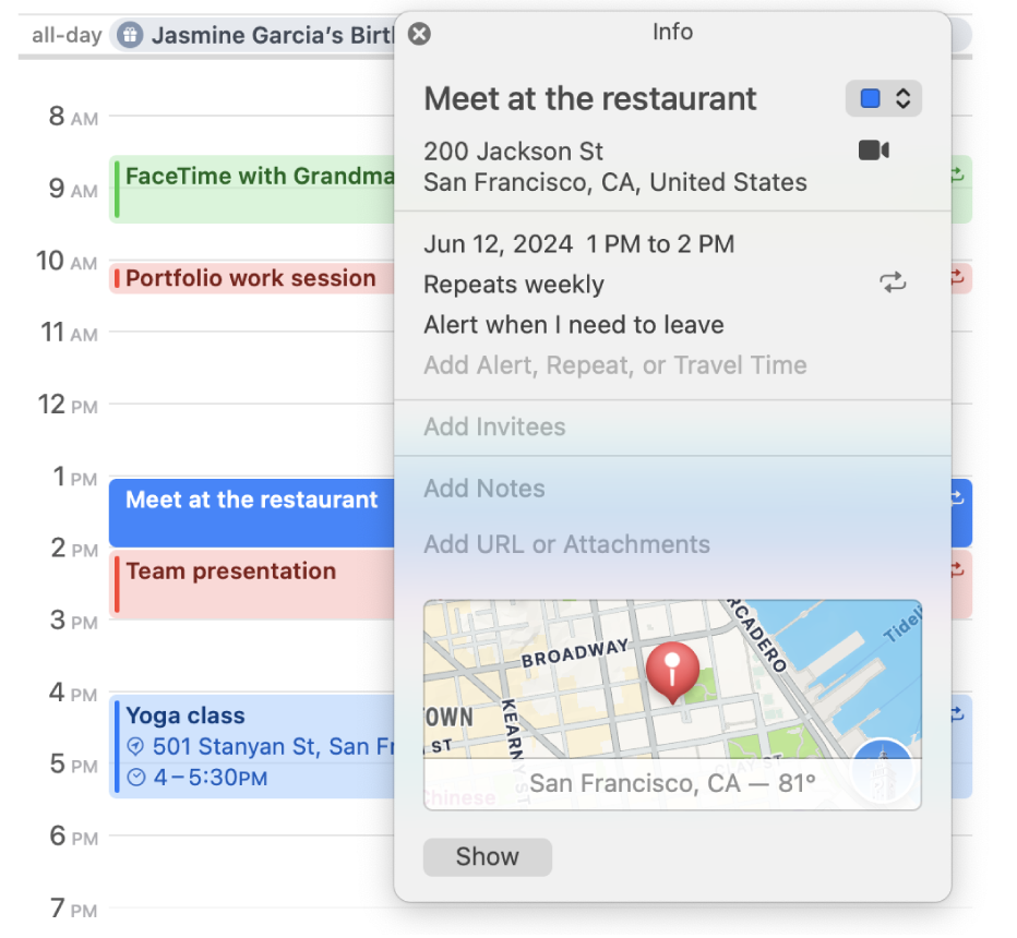 The info window in the Calendar app, showing details for an event including the address, date and a map, along with sections for adding notes, URLs and attachments.