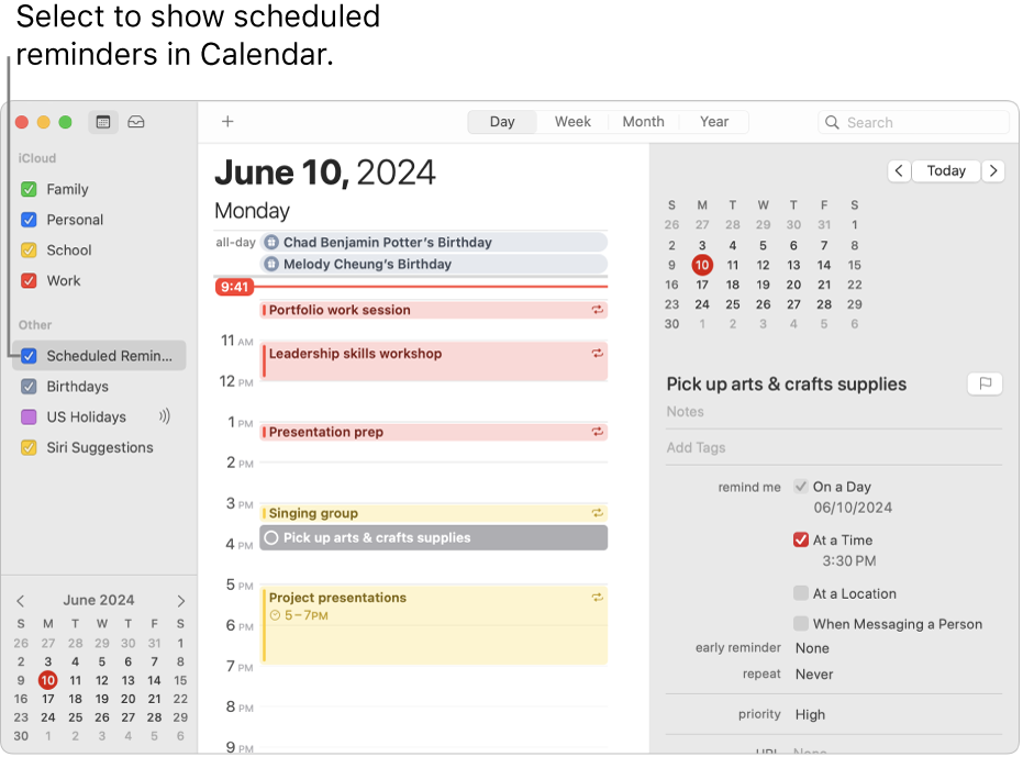 A Calendar window in Day view showing the calendar list and the selected Scheduled Reminders tickbox. The Day schedule shows events and a scheduled reminder with the Add Reminders area on the right.