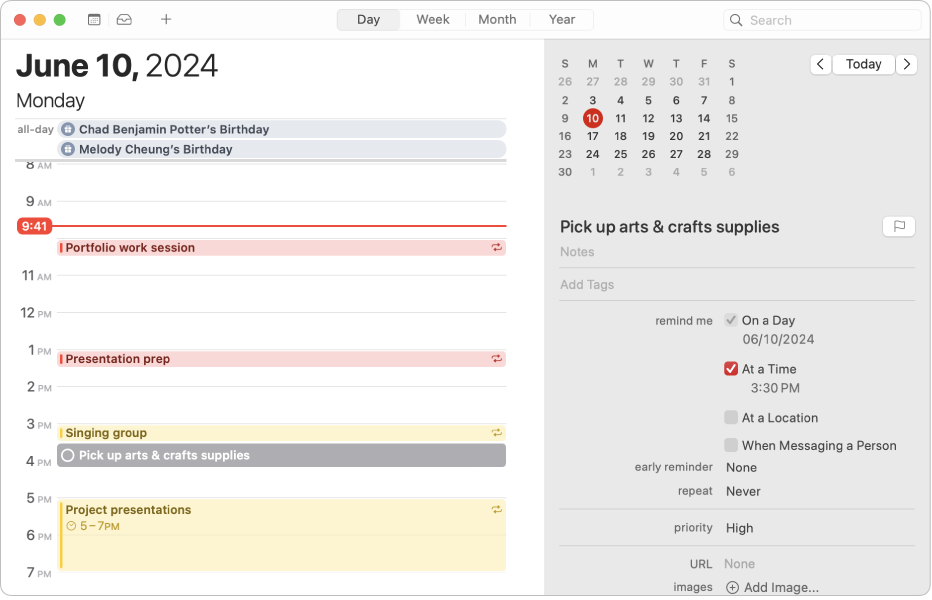 A Calendar window in Day view showing events, a scheduled reminder, and the area to add reminders on the right.