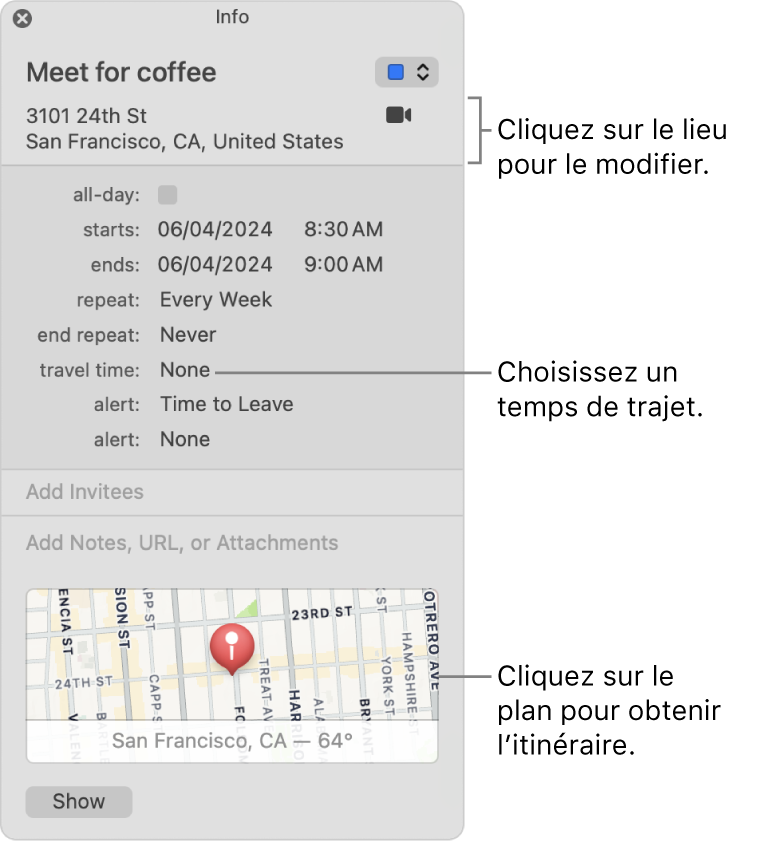 Fenêtre d’informations d’un événement, avec le pointeur sur le menu contextuel Temps de trajet. Cliquez sur le lieu pour le modifier. Choisissez une durée de trajet dans le menu contextuel. Cliquez sur le plan pour obtenir l’itinéraire.