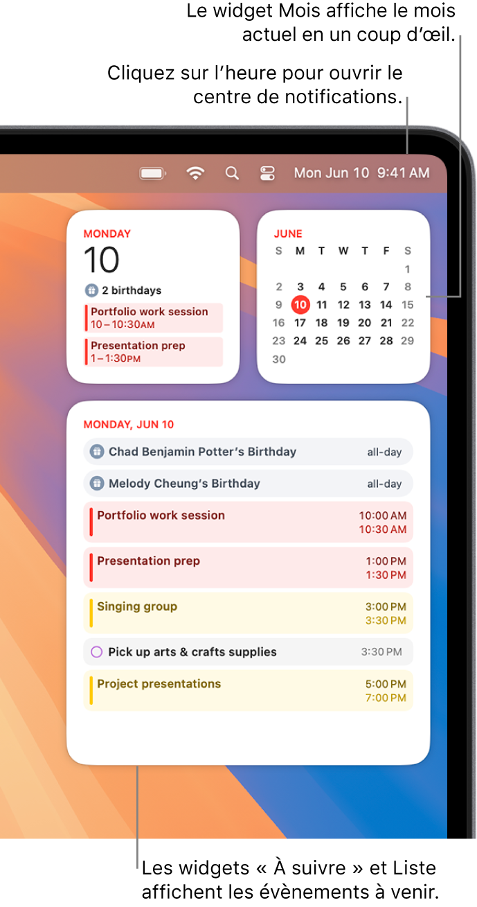 Trois widgets Calendrier : un widget « À suivre » et un widget Liste qui affiche les évènements à suivre pour le jour actuel et un widget Mois affichant le mois actuel. Cliquez sur la date et l’heure dans la barre des menus pour ouvrir le centre de notifications et personnaliser les widgets.