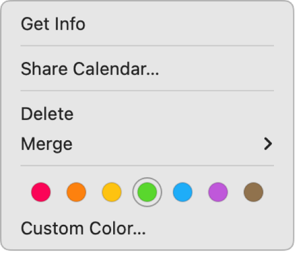 Le menu contextuel dans Calendrier affichant les options de couleur.