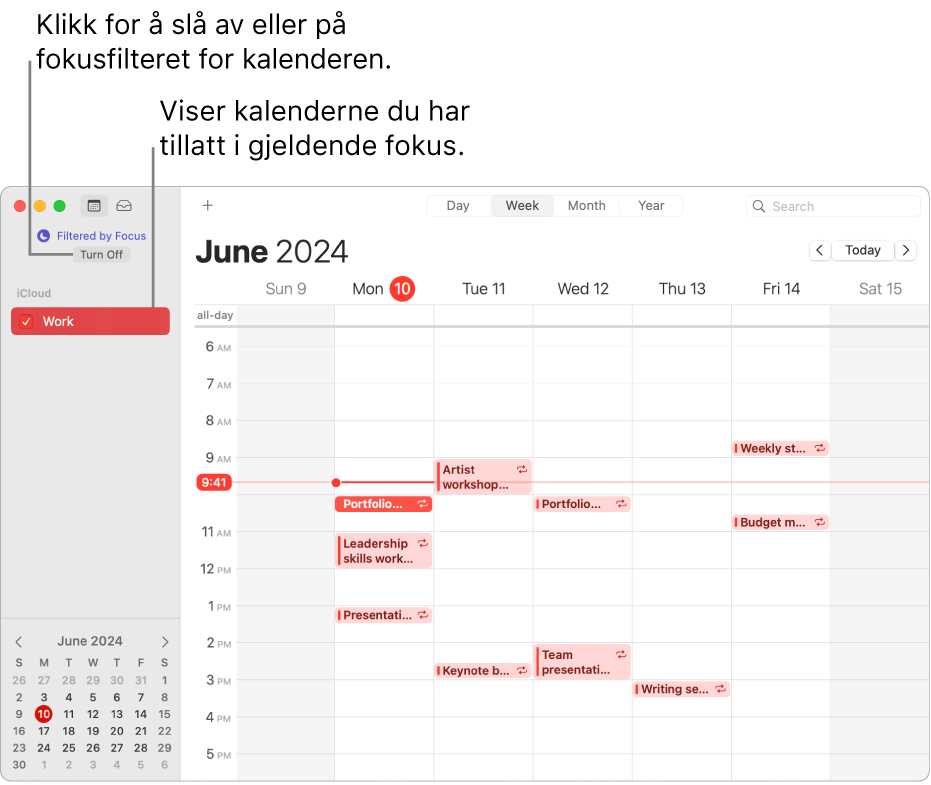 Et Kalender-vindu i ukesvisning som viser kalenderen for jobb, i sidepanelet etter at Jobb-fokuset har blitt slått på.