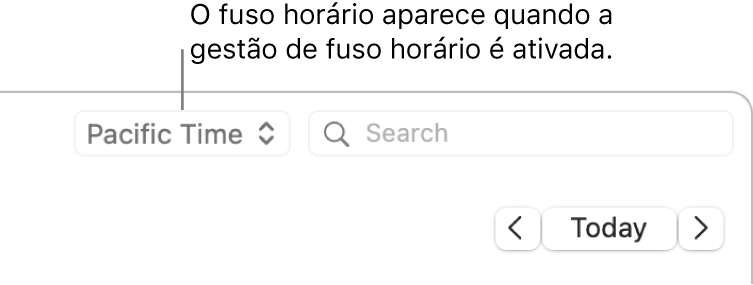 O menu de fuso horário é exibido à esquerda do campo de busca ao ativar o suporte de fuso horário