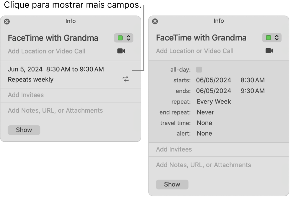 A imagem à esquerda mostra uma janela Informações não expandida para um evento. À direita, a janela Informações para o mesmo evento está expandida para mostrar campos adicionais, tais como começo, término, repetição e tempo de viagem.