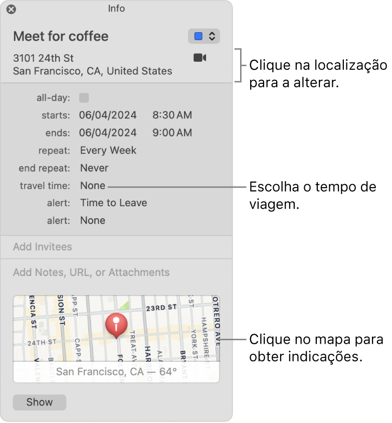 Janela de informações de um evento com o cursor sobre o menu local “Tempo de Viagem”. Clique na localização para alterá-la. Escolha um horário de viagem no menu local. Clique no mapa para obter itinerários.