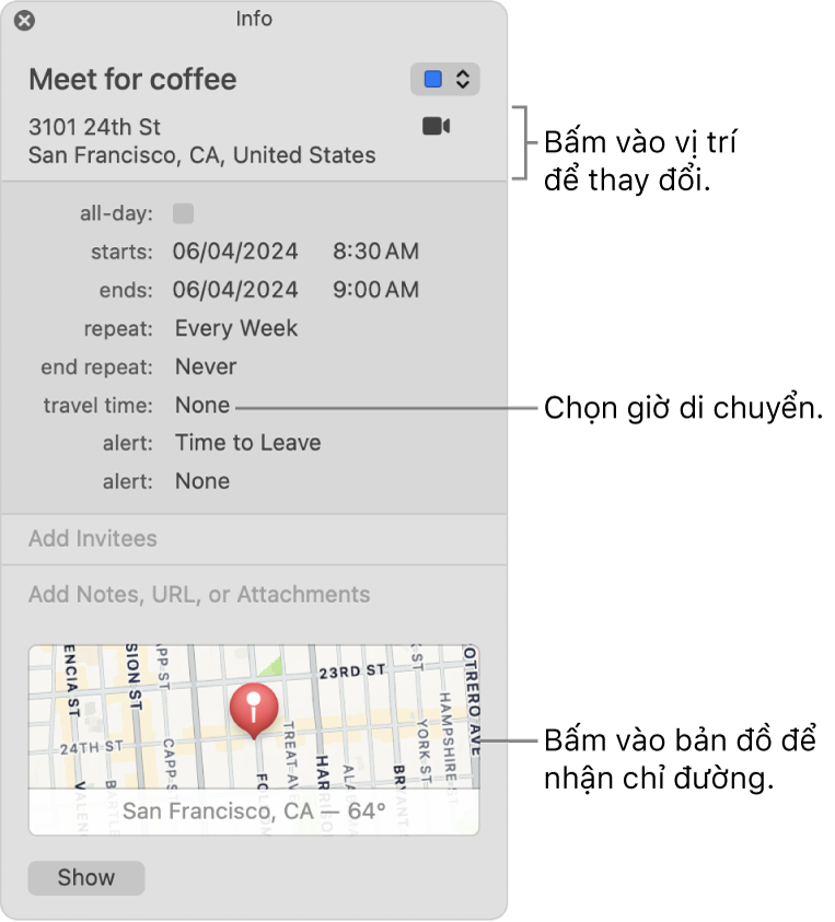 Cửa sổ thông tin cho sự kiện, với con trỏ ở trên menu bật lên Thời gian Di chuyển. Bấm vào vị trí để thay đổi vị trí. Chọn thời gian di chuyển từ menu bật lên. Bấm vào bản đồ để nhận chỉ đường.