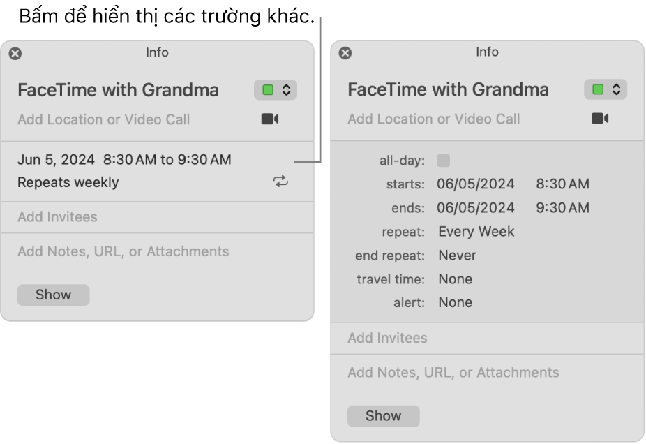 Cửa sổ thông tin cho một sự kiện với các chi tiết bị ẩn (ở bên trái) và cửa sổ thông tin của cùng sự kiện đó với chi tiết khoảng thời gian đang hiển thị (ở bên phải).