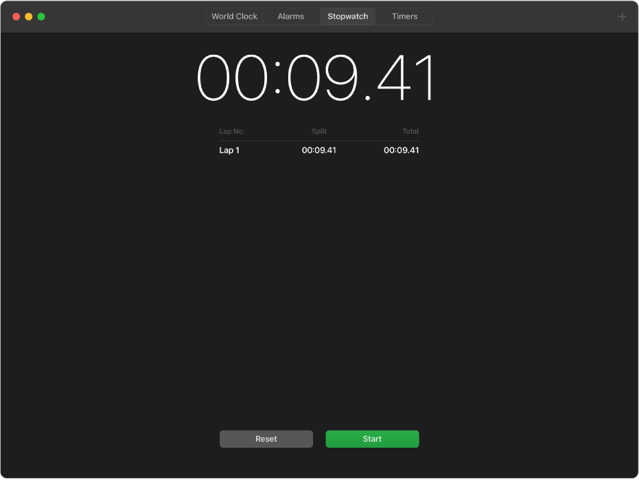 The Stopwatch pane of the Clock app, showing a timer paused after one lap.