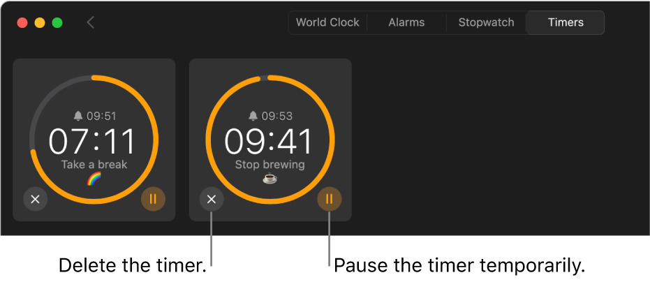 Two timers running in the Clock window. Each timer is labelled with the time it will end, how much time is left and the label surrounded by a yellow arc on a grey circle. The arc indicates what portion of the timer is left. Buttons to remove or pause each timer appear below the circles.