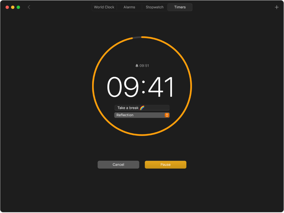 The Timers pane of the Clock app, showing a 10-minute timer in progress, with a custom label and sound.