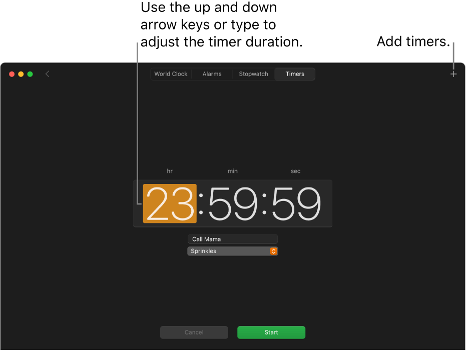 The Timers pane of the Clock app showing a time in hours, minutes and seconds.