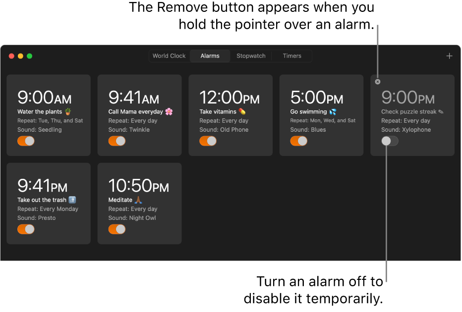 The Alarms pane of the Clock app, with multiple alarms showing varying tasks and times.