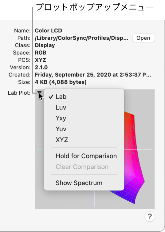 左上隅にあるLabプロットのポップアップメニュー。