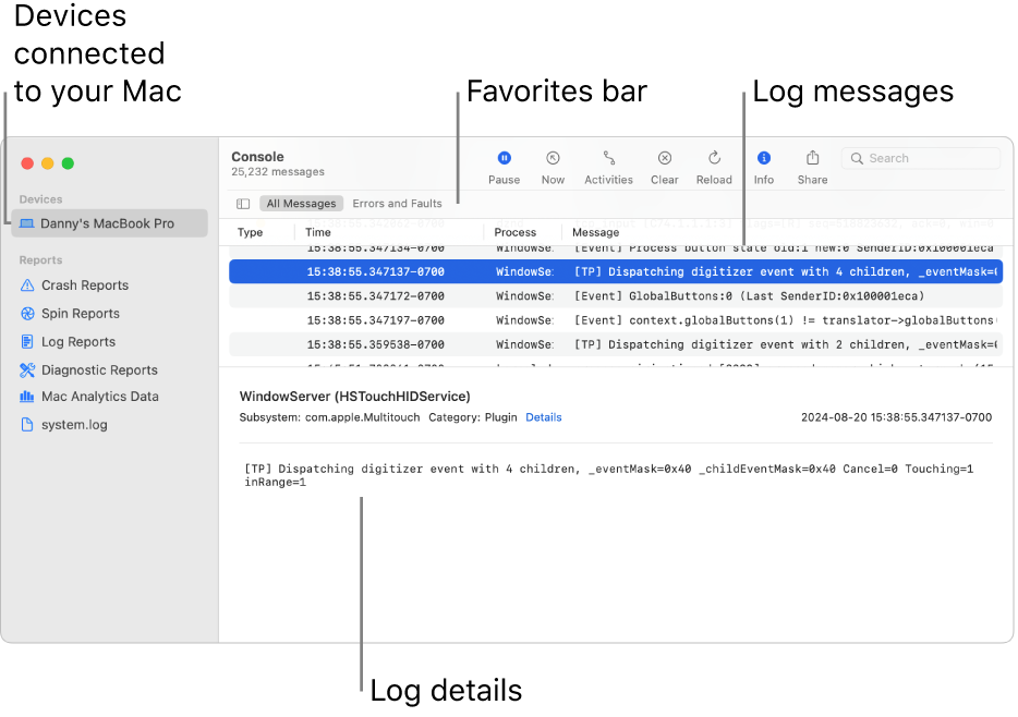 The Console window showing devices connected to your Mac on the left, log messages on the right, and log details on the bottom; there is also a Favorites bar showing your saved searches.