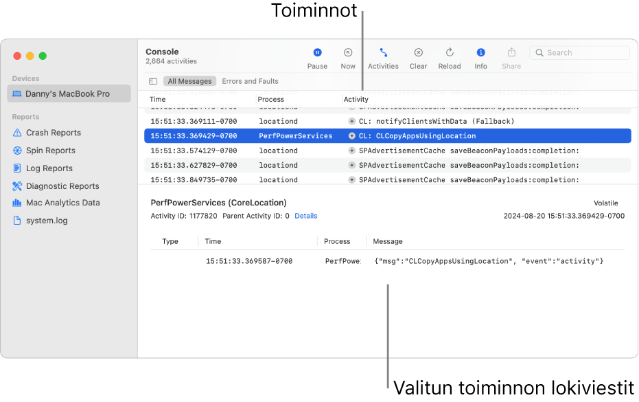 Konsoli-ikkuna, jossa on ylhäällä toiminnot ja alhaalla valitun toiminnon lokiviestit.