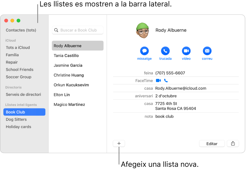 Finestra de l’app Contactes on es mostra la barra lateral amb llistes com ara “Llista de ciclisme” i el botó a la part inferior d’una targeta de contacte per afegir una llista nova.