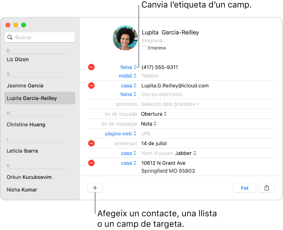 Targeta de contacte amb una etiqueta de camp que pot canviar-se i el botó a la part inferior de la targeta per afegir un contacte, una llista o un camp a la targeta.